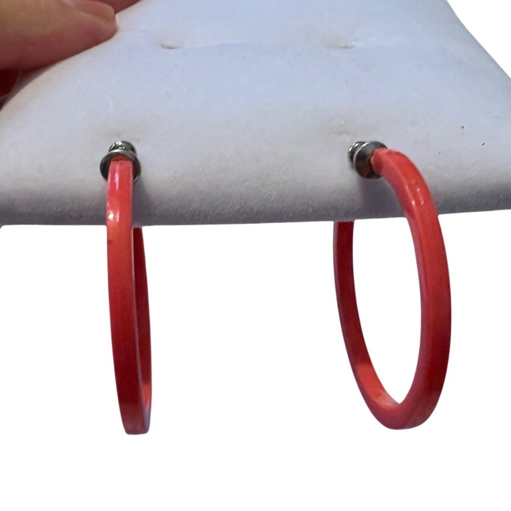 1970s Orange Plastic Hoop Earrings Silver Tone Post Back 1.25 Inch Round Glossy - Picture 7 of 10
